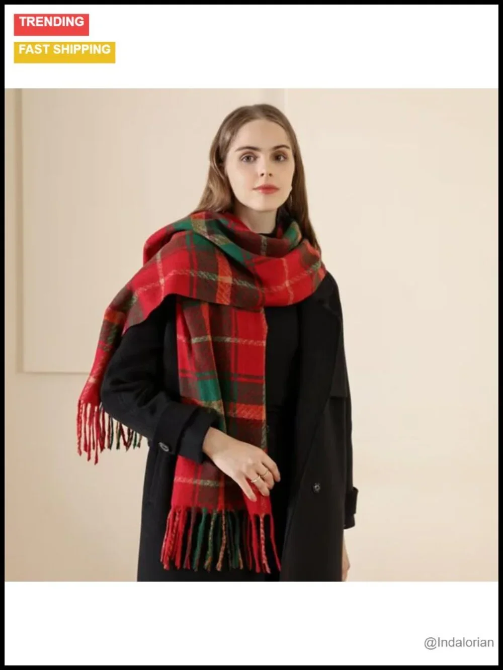Scottish Tartan Plaid Scarf Soft Warm Faux Cashmere Wrap with Fringes for Women